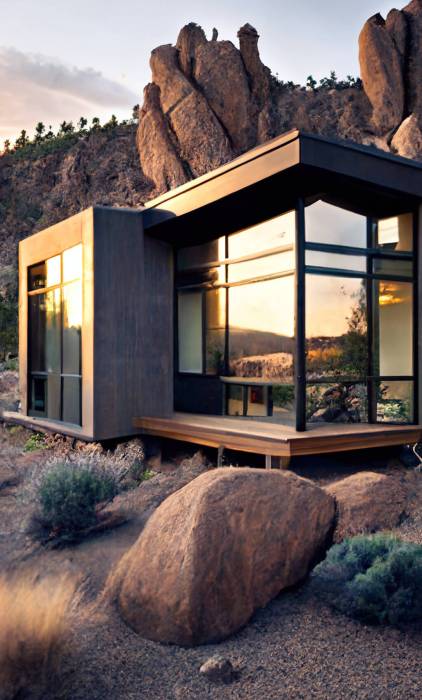 Contemporary luxury villa in a stone desert generative ai #image_title