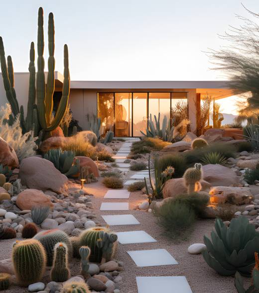 Desert home with cactus and rock garden landscape generative ai #image_title